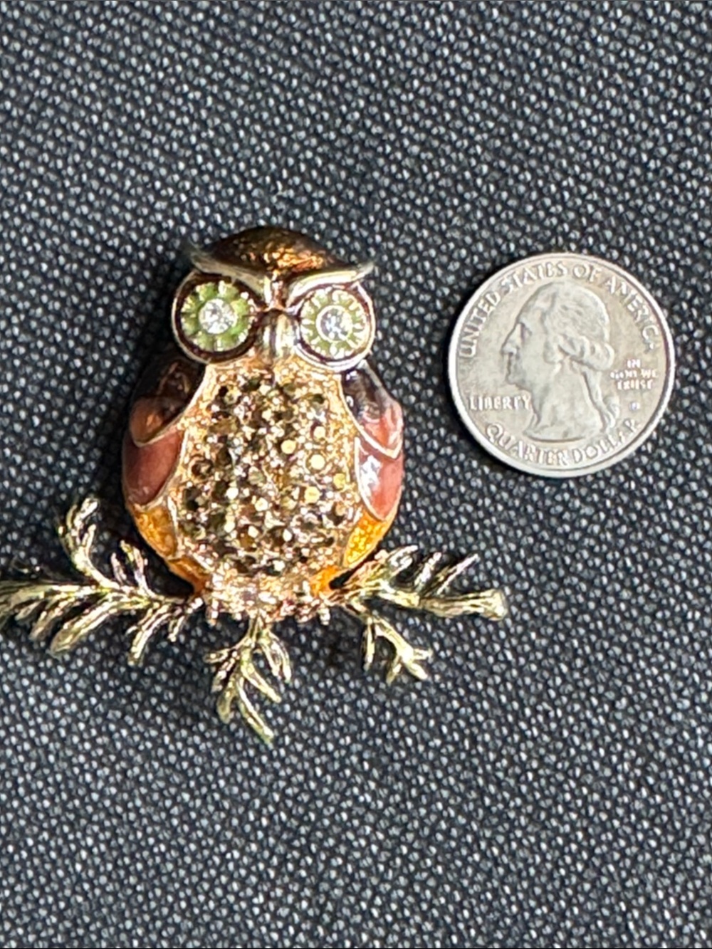 Napier Gold-Tone Owl Brooch with Green Crystal Eyes and Brown Enamel Accents
